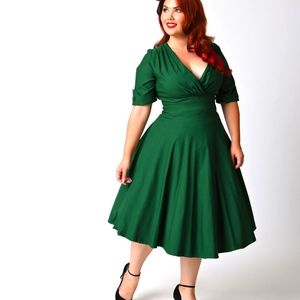 Unique Vintage brand emerald green PLUS SIZE swing dress with 3/4 length sleeves